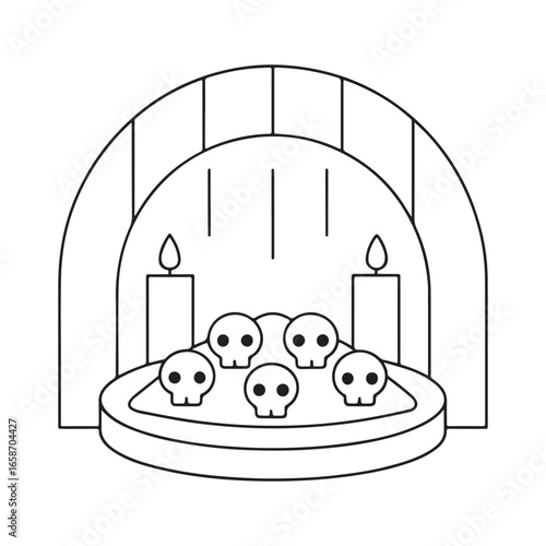 Halloween altar with skulls and candles in an arched niche outline bones