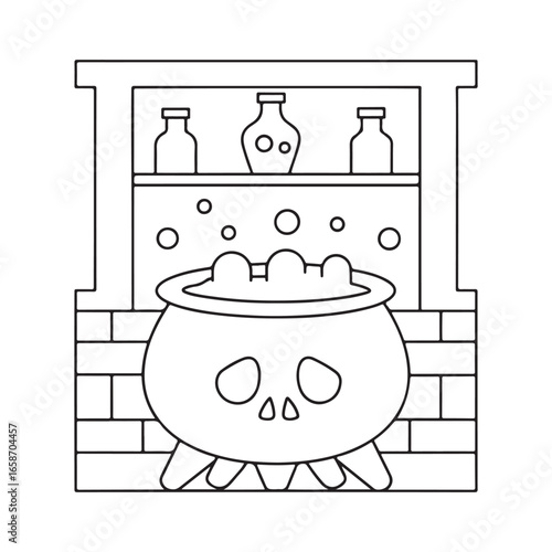 Halloween witch's cauldron with skull face and bubbling potion outline magic spell