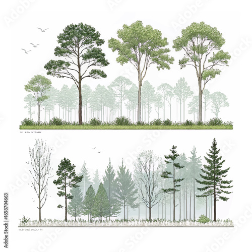 Architectural Drawings, Minimal style cad tree line drawing, Side view, plan and section forest outline symbol for landscape design drawing. Vector illustration in stroke fill 