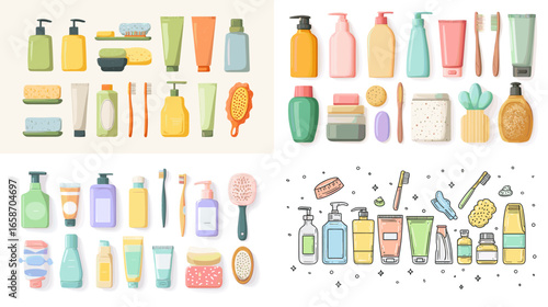 Set of colorful storage boxes and shelving units in flat vector style. Organized home interior illustration showing neat arrangement of containers for warehouse, office, or household use.