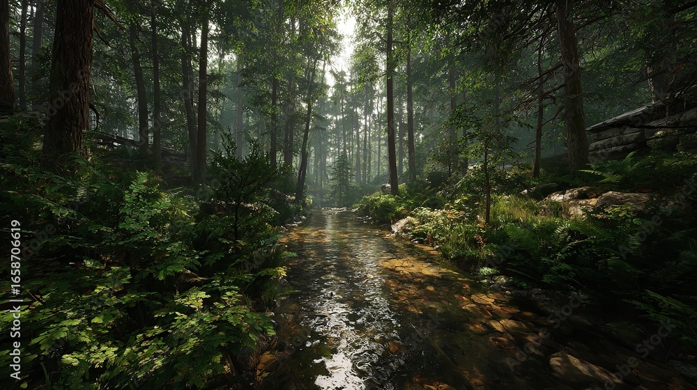 Fototapeta premium Serene woodland path reflecting sunlight inviting quiet exploration in a peaceful forest scene with