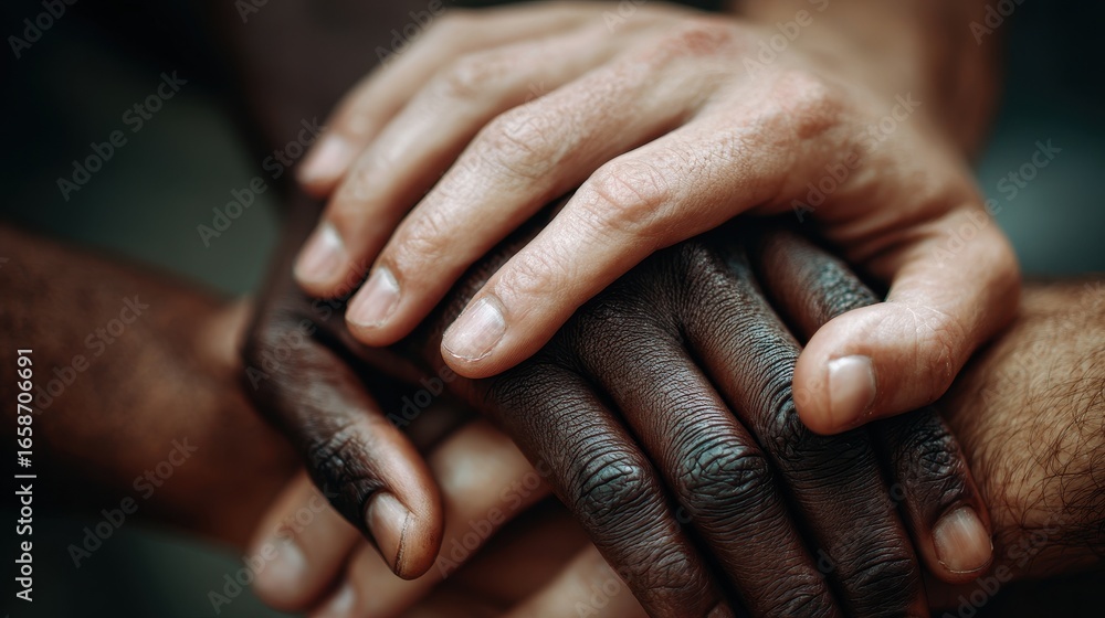 Fototapeta premium Multiple hands of different skin tones stacked together symbolize solidarity and inclusion