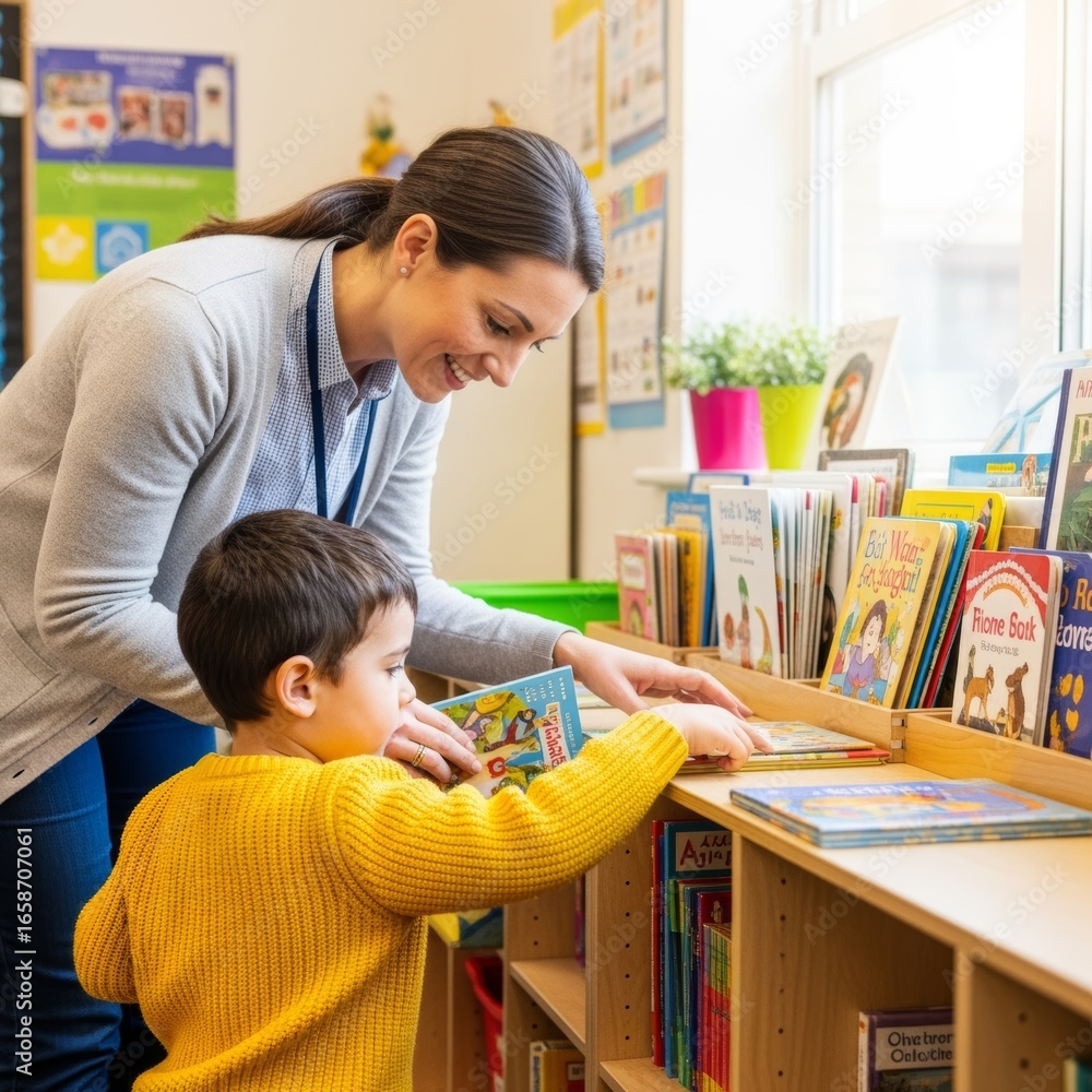Obraz premium Child exploring bookshelf with teacher assistance
