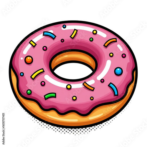 Colorful pink donut with sprinkles on a white background  