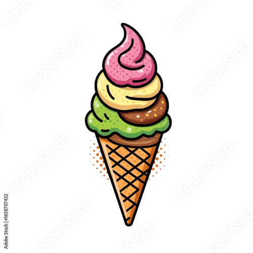 Colorful ice cream cone with multiple flavors in waffle cone  