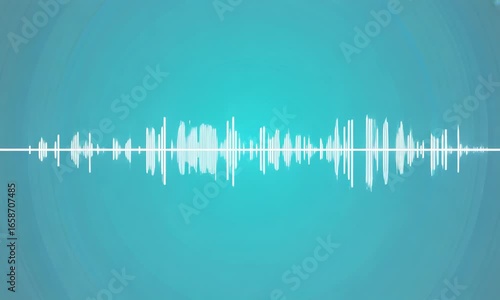 White audio waveform visualizes sound on a vibrant teal background. Dynamic equalizer bars create a modern and technological display.