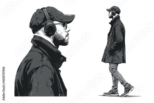 Stylish man in headphones walking in monochrome artistic illustration perfect for urban lifestyle advertising and creative projects