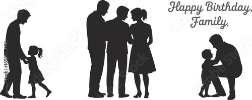Silhouette family celebrating birthday with children, heartwarming parent and child interaction scene, perfect for greeting cards, posters, and holiday illustrations