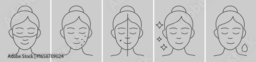 Skincare Concerns and Treatments Line Art Icon Set, Collection of Facial Problem and Solution Outlines, Includes Acne, Eye Patches, and Glowing Skin Symbols, Modern Vector Graphics for Dermatology.