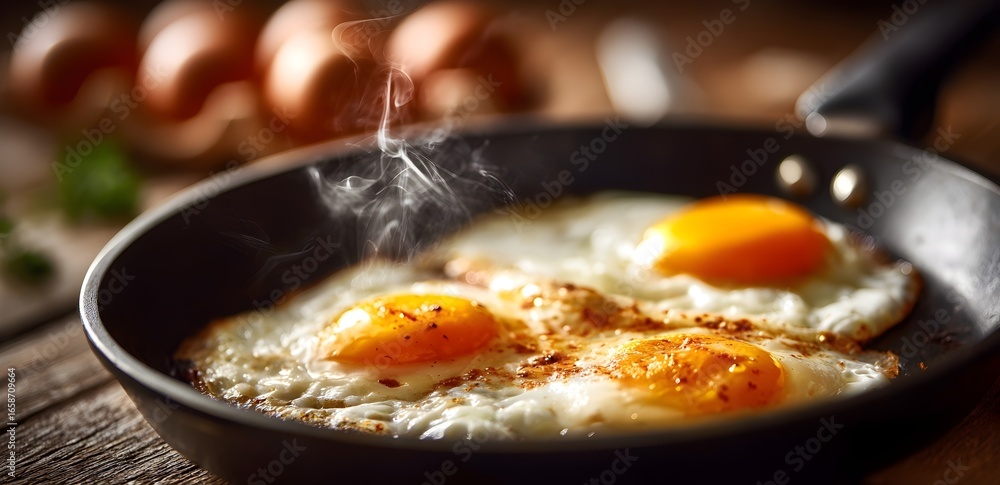 Close-up of fried eggs sizzling in a hot pan with visible steam. Delicious breakfast scene capturing freshness, warmth, and the aroma of cooking. Close-up of fried eggs sizzling in a hot pan with visible steam. Delicious breakfast scene capturing freshness, warmth, and the aroma of cooking.