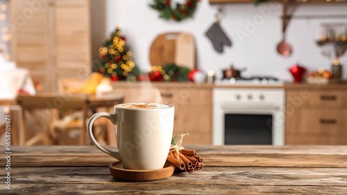Festive Coffee with Cinnamon Sticks in Cozy Kitchen