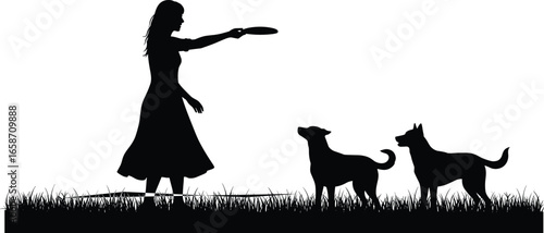 Silhouette of person holding frisbee with two dogs on grass, playful outdoor vector for pets, fetch, and active lifestyle themes