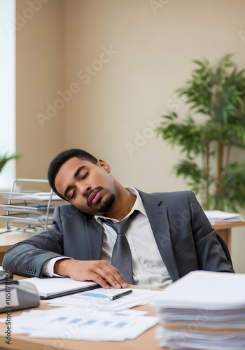 Young manager is sleeping at his desk during work time, feeling exhausted and unmotivated