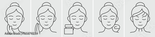 Minimalist Facial Skincare Routine Line Art Icon Set, Collection of Woman Applying Cosmetic Products Outlines, Beauty Treatment Steps, Modern Vector Graphics for Self-Care and Wellness.