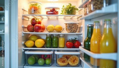 Wallpaper Mural Organized refrigerator stocked with fresh food items in a modern kitchen during spring cleaning. Features fruits, vegetables, juices, and containers, all neatly arranged for optimal space and clarity. Torontodigital.ca