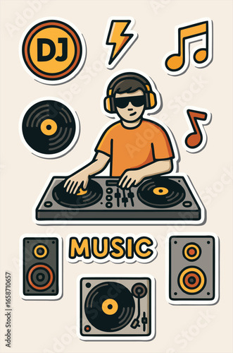 Vibrant sticker set featuring a DJ mixing music, retro speakers, vinyl records, and bold music icons on a light background.