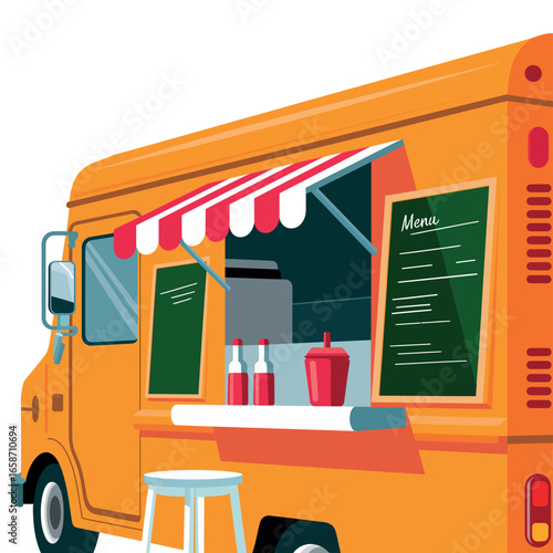 Bright orange food truck with open serving window and menu boards
