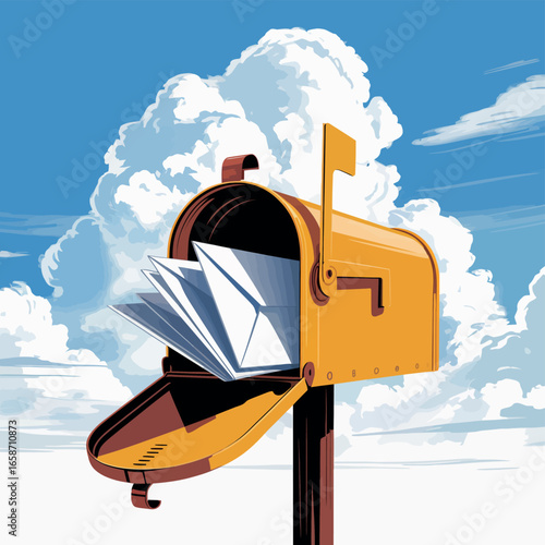 Yellow mailbox overflowing with letters against a bright blue sky with clouds
