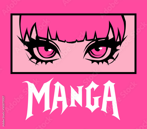 Bold manga-inspired vector illustration features stylized pink eyes and bangs in a graphic pop art style. Modern, energetic, and fashionable t-shirt print.