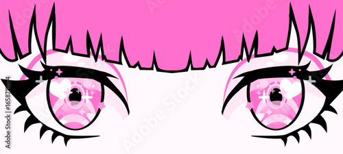 Vector pop art illustration with sharp, graphic lines shows intense pink eyes and hair. Style is bold cartoon comic, theme is edgy and modern. Colors: pink, black, white. Angular shapes dominate.