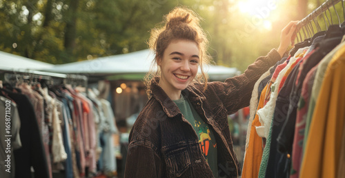 Young people swapping clothes at an outdoor clothing exchange