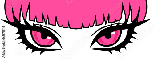 Vector pop art illustration with sharp, graphic lines shows intense pink eyes and hair. Style is bold cartoon comic, theme is edgy and modern. Colors: pink, black, white. Angular shapes dominate.