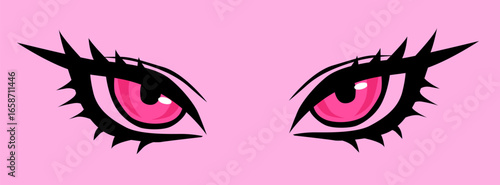 Anime vector illustration features two expressive pink eyes with sparkles on a pink background. Style is bold, colorful, and modern manga.