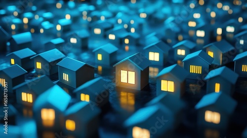 A community of homes lit up at night.