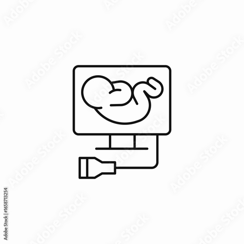 fetal ultrasound on monitor with probe icon sign vector