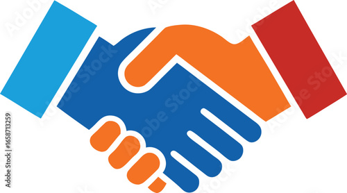 Two stylized hands shaking in blue orange and red against white background handshake agreement