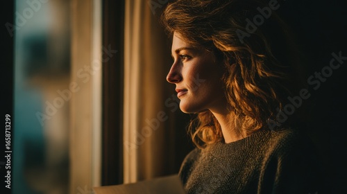 Woman gazing thoughtfully out of a window during golden hour in a cozy indoor setting