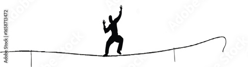 A silhouetted figure balances on a tightrope, performing a martial arts stance with focused energy white background.




