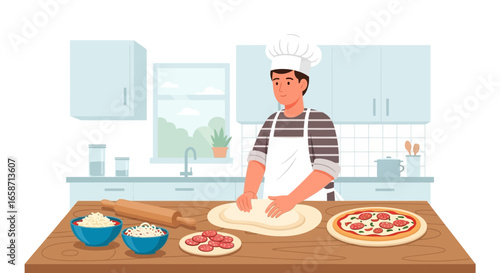 Chef Preparing Pizza Dough In Kitchen For Italian Cuisine