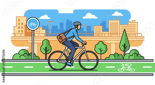 City Commute Illustration Cyclist Riding Bicycle on Dedicated Lane
