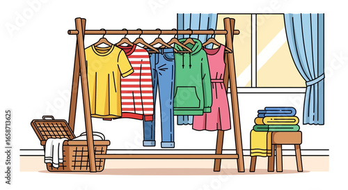 Colorful Clothes Hanging On A Wooden Rack Near The Window And Laundry Basket