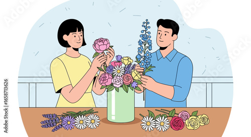 Couple Arranging Flowers In Vase Floral Design And Home Decoration