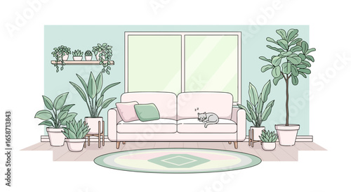 Cozy Indoor Scene With Cat Sleeping On Sofa Surrounded By Plants