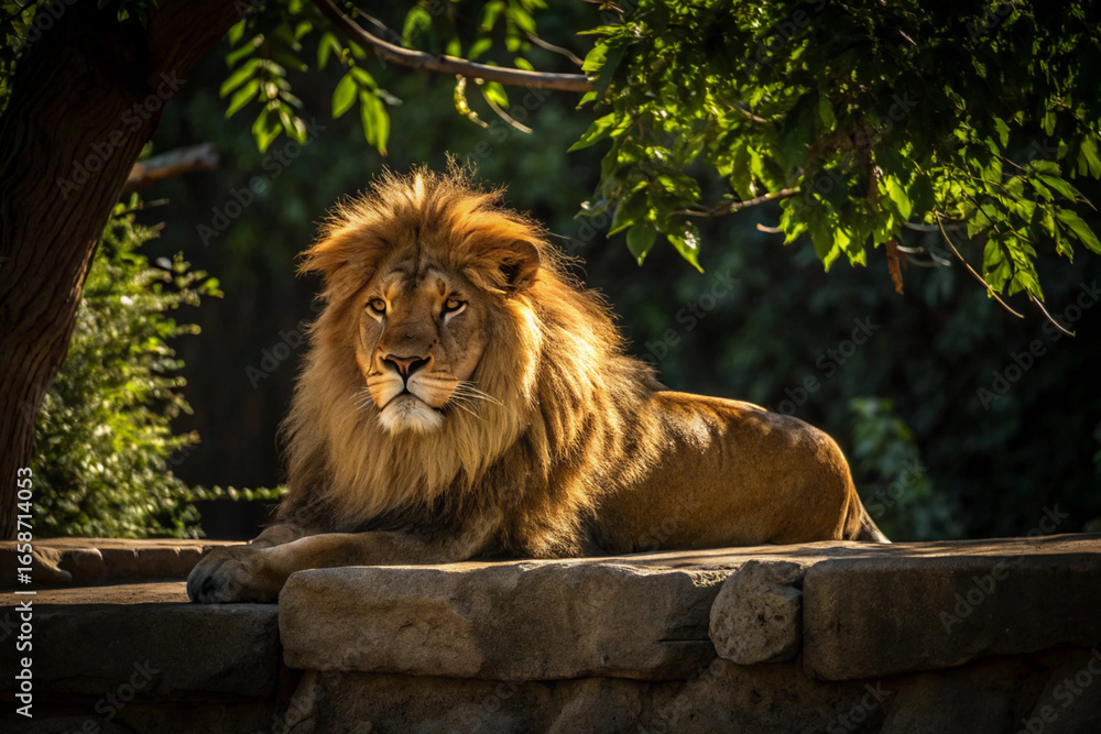 Naklejka premium Majestic lion resting in sunlight under lush green trees