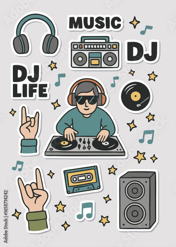 Fun sticker collection showcasing a DJ with headphones, turntables, boombox, cassette, speaker, and rock gestures on a light background.