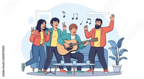 Live Music Performance With Friends In Home Studio And Happy Moments