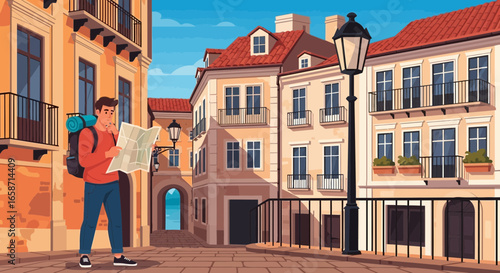 Lost Tourist Navigating Charming European City Streets With A Backpack