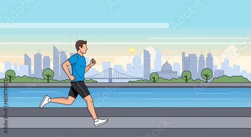Man Running Along a Riverfront with City Skyline in the Background