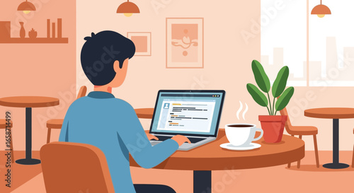 Man Working on Laptop in a Coffee Shop Environment Illustration