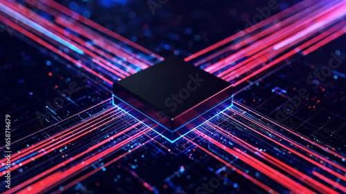 Futuristic Microchip Data Flow with Glowing Lines