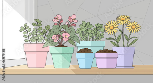 Variety Of Potted Plants On Display Against Modern Geometric Background