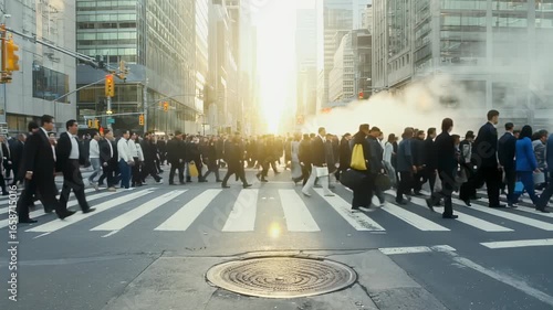 City street scene Commuters crossing at sunrise, urban bustle