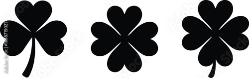 Clover leaf silhouette icons including three-leaf and four-leaf variations symbolizing luck, fortune, and St. Patrick’s Day design