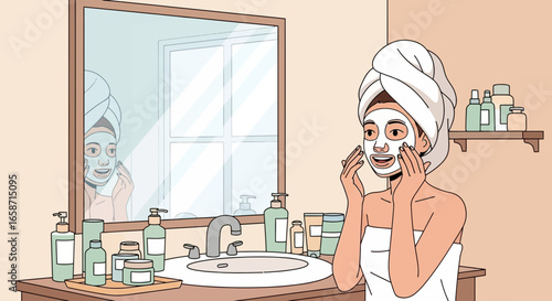 Woman Applying Facial Mask In Bathroom For Skin Care Routine