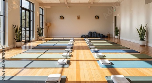 Spacious and bright empty yoga studio with rows of mats and blocks on a wooden floor, ready for a serene fitness class.