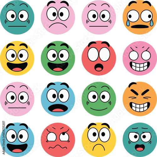Colorful emoji faces collection showing different emotions, expressions, and moods such as happy, sad, angry, confused, surprised, excited, crying, and playful